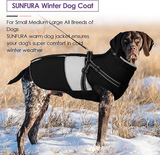 SUNFURA Dog Jacket, Large Dog Coat with Harness Built in, Warm Pet Winter Jacket Zippered Snow Coat with Furry Collar, Waterproof Fleece Snowsuit for French Bulldog, Black L