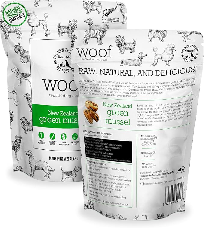 The New Zealand Natural Pet Food Co. WOOF Freeze Dried Dog Treats - High Protein, Small & Large Dog, Natural, Topper, Treat, Green Mussels - 1.76 oz