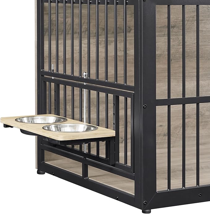 Dog Crate Furniture, 48 Inch Dog Kennel Furniture, Wooden ?�ƒog Crate Furniture Large Breed with Rotating ?˜‹og Bowls, Heavy Duty ?——og Cage Furniture Indoor,Decorative Dogs Crates End Table,Gray