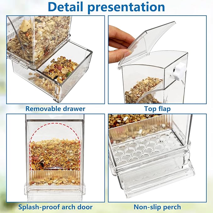 Hamiledyi No Mess Bird Feeders Water Dispenser Set Automatic Parakeet Cage Feeder with Perch Transparent Acrylic Container Parrot Cage Accessories for Canary Budgie Lovebirds Finches