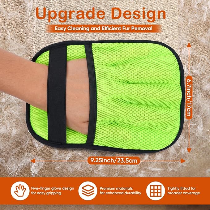 Pet Hair Removal Gloves 2-Pack - Upgraded Five-Finger Electrostatic Cats & Dogs Hair Brush Shedding | Reusable Pet Hair Remover Tool for Laundry, Furniture, Car Seat (Neon Green)