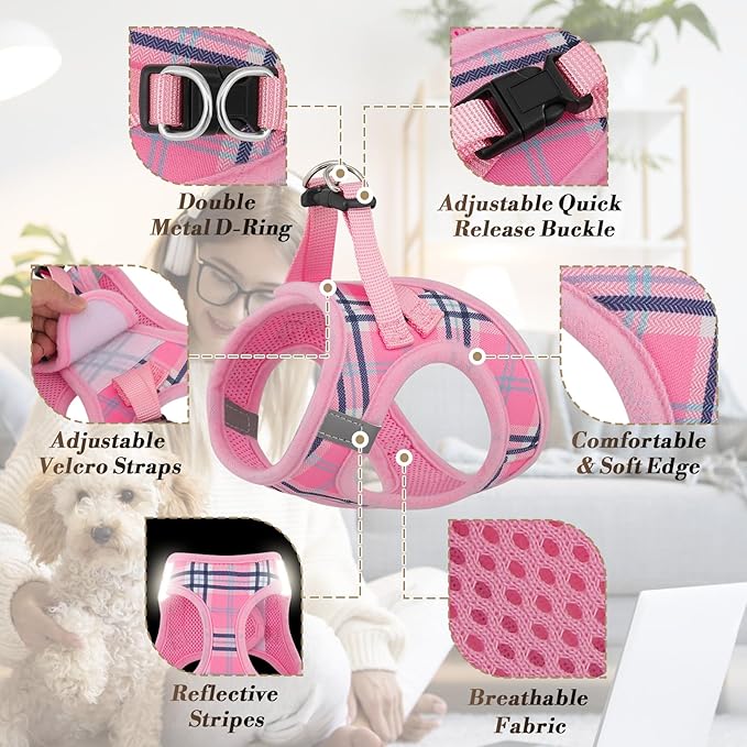 Athena Collection Small Dog Harness with 5 ft Leash, Step-in Dog Harness Leash Set Small No Pull Dog Vest Harness with Reflective Strips Adjustable Velcro, Easy Walk Puppy Harness, Pink
