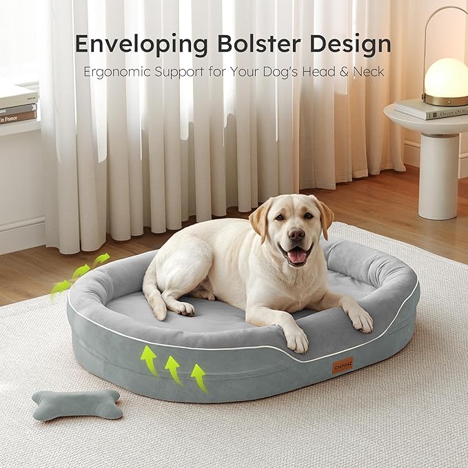 Jumbo Orthopedic Dog Bed, Big Dog Bed for Extra Large Sized Dogs with Full-Surround Bolsters, Dual-Sided Dog Cooling Bed with Memory Foam, Washable Pet Sofa Couch with Nonslip Bottom, Light Grey