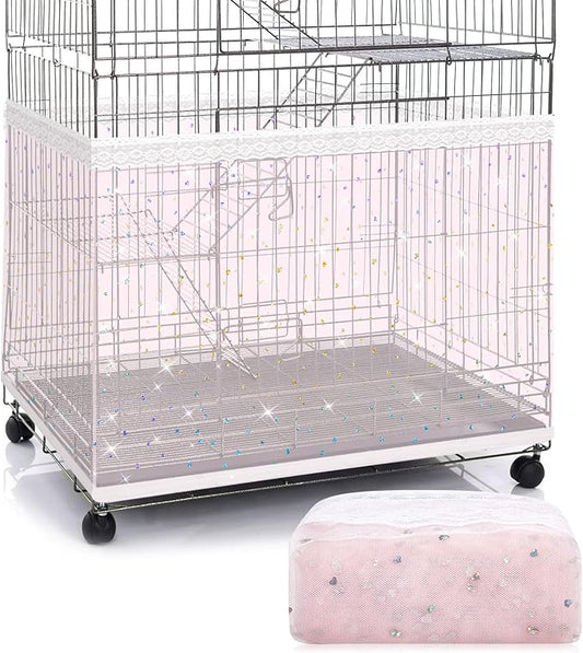 Shappy Large Bird Cage Cover, Bird Cage Seed Catcher, Adjustable Star Pattern Nylon Mesh Net for Parrot Parakeet Macaw Pet Supplies(Pink)