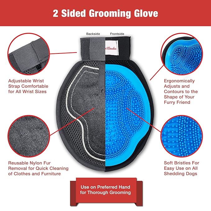 Warren London 2in1 Grooming Glove for Dogs & Cats | Reversible Design Pet Brush with Smooth Side for Clothes & Furniture | Soft Mitten Contours for Comb & Massage