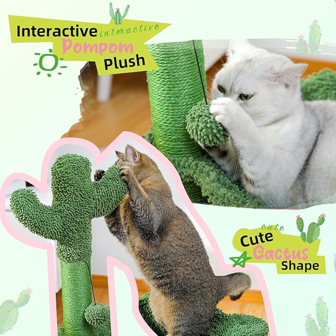PAWZ Road Cactus Cat Tree, 33 Inchs Cat Tower with Large Soft Hammock and Fully Wrapped Sisal Scratching Post for Indoor Cats