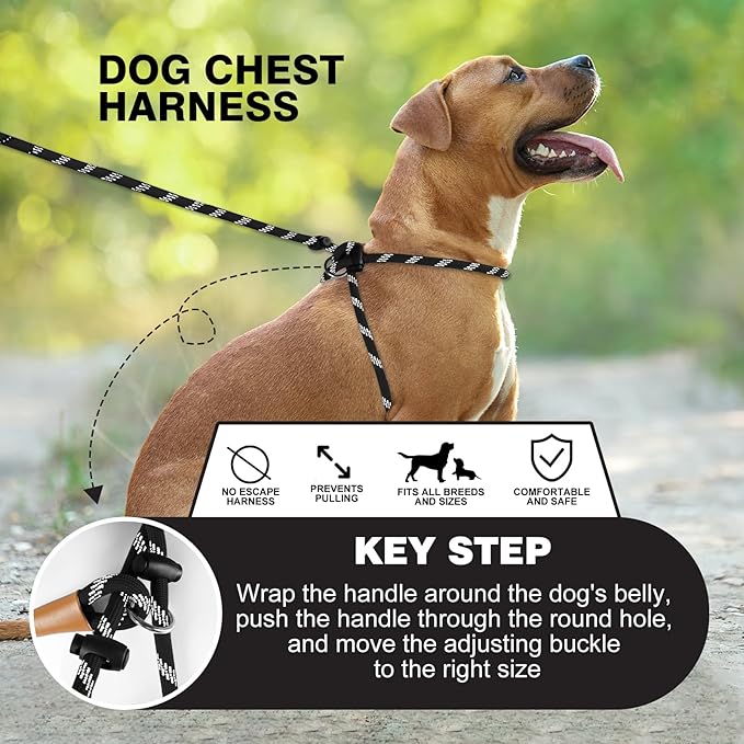 Lynxking No Pull Rope Dog Harness No Pull Reflective Leash Harness Collar 3 in 1 Dog Halter Harnesses Adjustable for Large Giant Dog (Black, Extra Large(up to 80Ibs) 10ft*1/2")