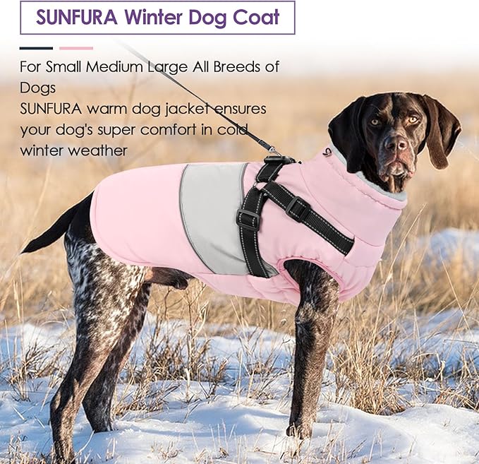SUNFURA Dog Coat, XXXL Dog Jacket Winter with Harness Built in, Waterproof Pet Snow Jacket with Furry Collar for Chilly Day, Reflective Fleece Snowsuit for Extra Large Dogs, Pink 3XL