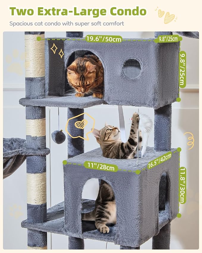 Taoqimiao Tall Cat Tree, 76-Inch Cat Tower with Scratching Posts，Sturdy Cat tree for Indoor Cats Large Adult with 2 Condos, 2 Perches, 2 Hanging Baskets, Hammock, 8 Scratching Posts, MS046G Smoke Gray