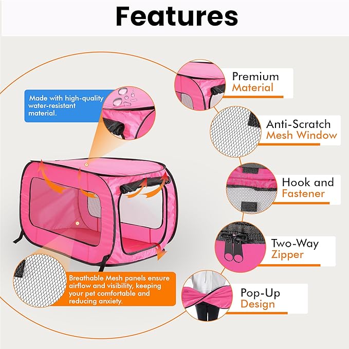 Beatrice Home Fashions Portable, Collapsible, Pop Up Kennel Travel Cat and Dog Crate, 36" L x 22" W x 22" H, Fuchsia