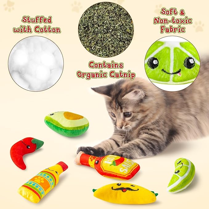 L1rabe Mexican Catnip Stuffed Toys - Christmas 6Pcs Funny Cat Toys for Cat Lovers Gifts, Carnival Sause Avocado Winter Indoor Kitten Chew Bite Kick Interactive Pet Supplies Kitten Xmas Birthday Gifts