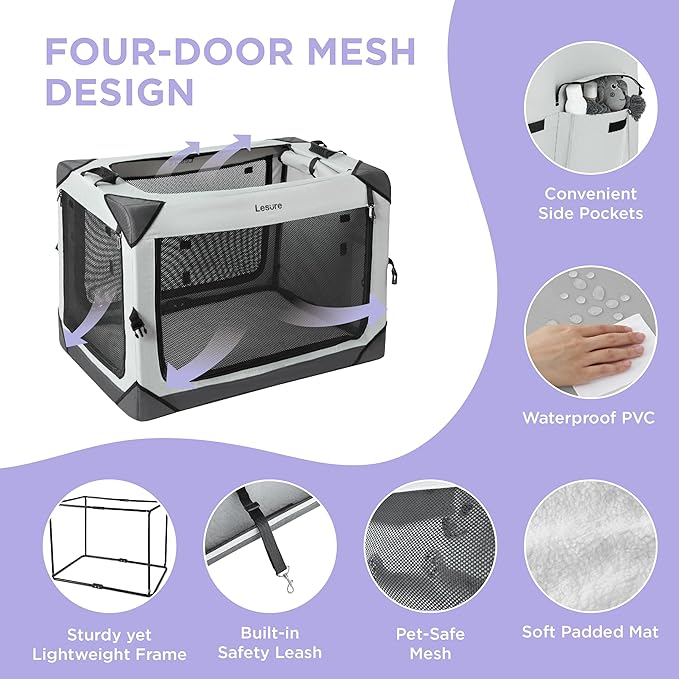 Lesure Collapsible Dog Crate - Portable Travel Kennel for Extra Small Dog, 4-Door Pet Crate with Mesh Windows, Indoor & Outdoor, Light Gray