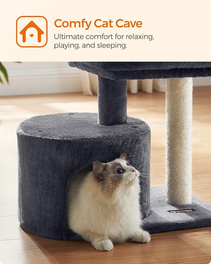 Feandrea Cat Tree Tower with Sisal Scratching Post, Cat Condo with Padded Perch, for Small Spaces, Kittens, Smoky Gray UPCT50G