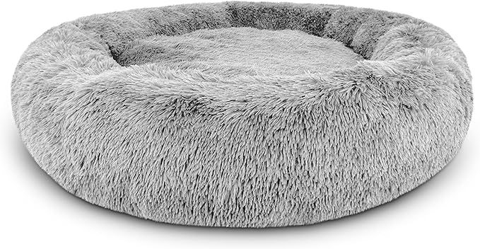 The Dog’s Bed Sound Sleep Donut Dog Bed, XXL Silver Grey Fur Calming Nest Bed Removable Cover