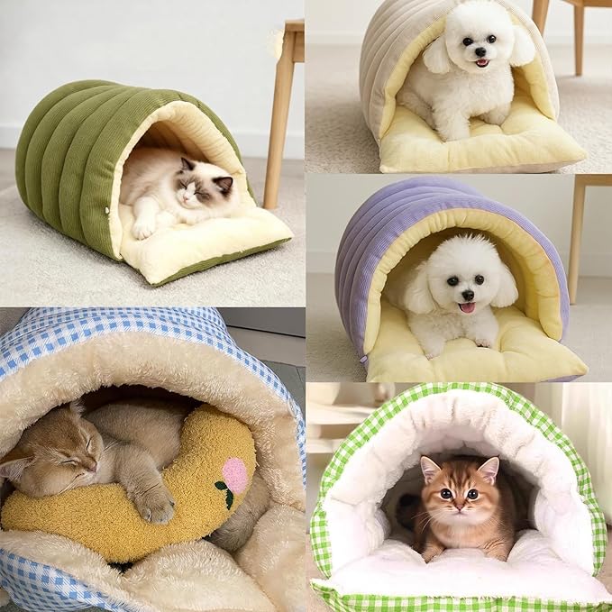 Expectation Cat Bed, Removable and Washable Winter Closed-Off Cat Bed, Soft Fluffy Warm Autumn/Winter Cats House, Washable Non-Slip Pet Sleeping Bag for Indoor Cats Small Dogs (I,Large)