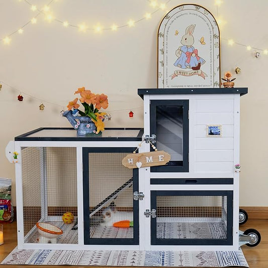 Rabbit Hutch Indoor Bunny Cage Outdoor Chicken Coop with Wire Floor Slide Out Tray, Chew-Resistant Ramp & Entrance Openable Waterproof Roof & UV-Resistant Roof Handle Wheels