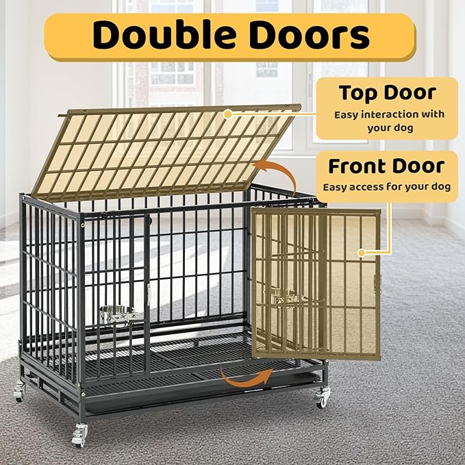 3 Pack Three Tiers 36 Inch Heavy Duty Stackable Dog Crate for Medium Dogs, Indestructible Escape Proof Dog Crate Cage with Bowls & Lockable Wheels, Double Door, Removable Tray and Metal Grids