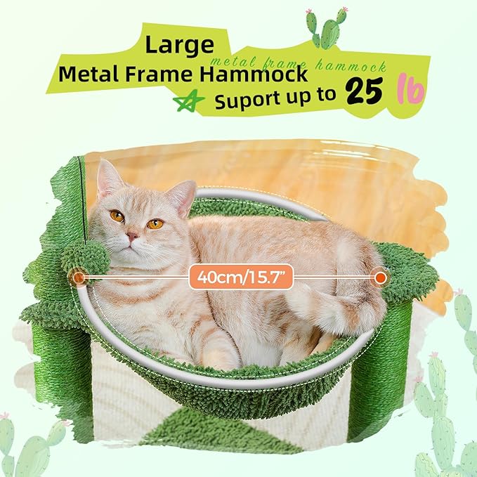 PAWZ Road Cactus Cat Tree, 33 Inchs Cat Tower with Large Soft Hammock and Fully Wrapped Sisal Scratching Post for Indoor Cats