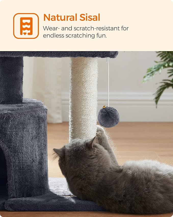 Feandrea Cat Tree Tower with Sisal Scratching Post, Cat Condo with Padded Perch, for Small Spaces, Kittens, Smoky Gray UPCT50G