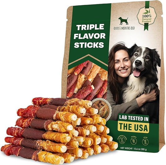 Dog Treats Rawhide Sticks Wrapped with Chicken 10.6 oz Pet Natural Chew Treats - Grain Free Meat & Human Grade Dried Snacks - Best for Small & Large Dogs (10.6 Ounce (Pack of 1), Triple Sticks)