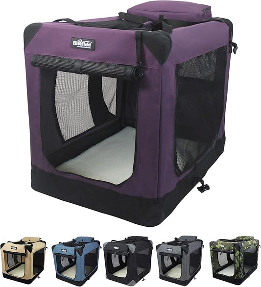 EliteField 3-Door Folding Soft Dog Crate with Carrying Bag and Fleece Bed (2 Year Warranty), Indoor & Outdoor Pet Home (24" L x 18" W x 21" H, Purple)