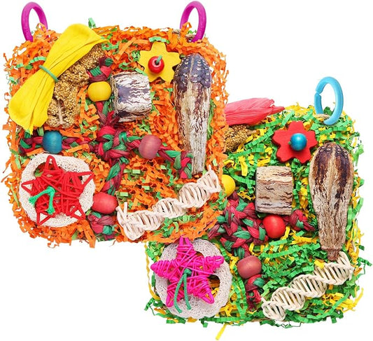 Bird Toys for Small & Medium Parrots - Natural Foraging & Shredding Cage Hanging Toys with Seagrass Mat, Starfruit, Loofah Slices for Budgies, Cockatiels, Lovebirds, Conures (2 PCS)