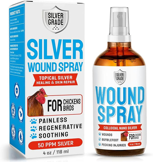 SILVER GRADE Wound Spray for Chicken from Birds & Chicken Antibiotics Alternative to Help with Pecking Sores, Bumblefoot, Cuts – Poultry Spray with Silver – GMOs Free – 4-Oz Bottle