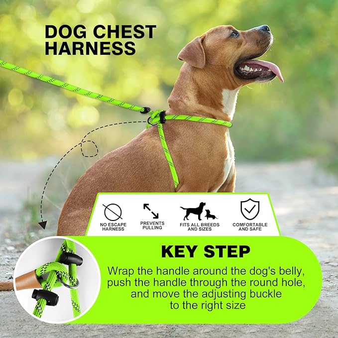 Lynxking No Pull Rope Dog Harness No Pull Reflective Leash Harness Collar 3 in 1 Dog Halter Harnesses Adjustable for Large Giant Dog (Light Green, Small 3/8 inch)
