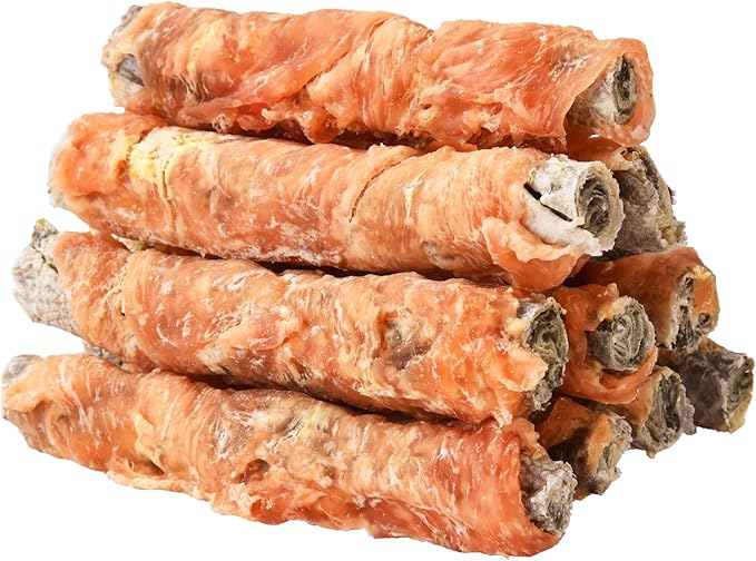 ASMPET Dog Cod Skin Treats, Chicken Wrapped Cod Skin Sticks, Rawhide Free Dog Treats Chews Bones, Extra Large