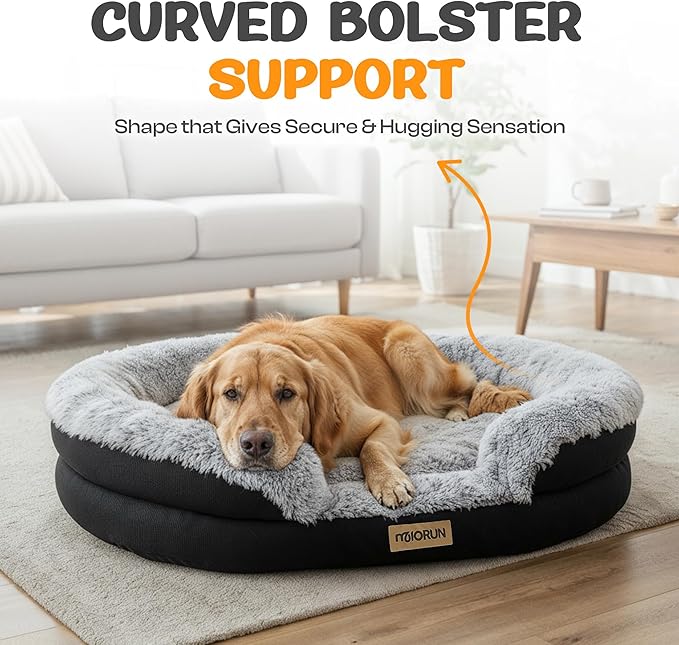 Fluffy Orthopedic Dog Bed for Extra Large & Jumbo Dogs, Calming Plush Sofa Bed with Curved Bolster Support, 48" Cozy Oval Pet Donut Bed with Washable Cover, Gray