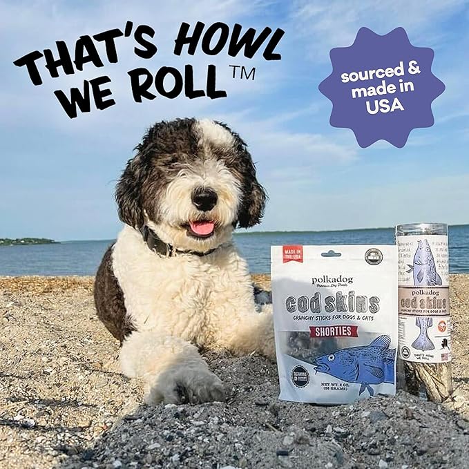 Polkadog Cod Skins for Dogs (2lb Shortie) - Single Ingredient, Wild-Caught Fish Skin Dog Treats for All Breeds – High in Lean Protein & Omega-3. Hypoallergenic, Grain Free. Handcrafted & Made in USA