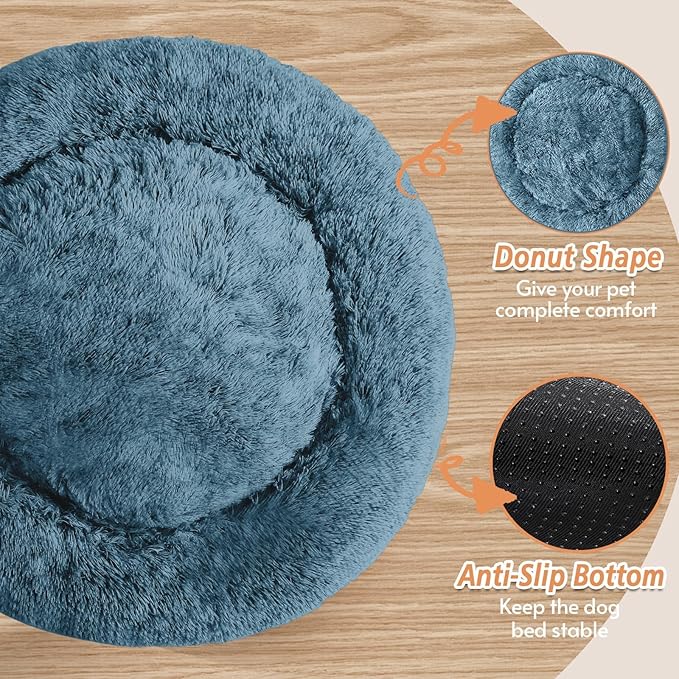 JOLLYVOGUE Calming Dog & Cat Bed for Small Dogs, Anti-Anxiety Donut Cuddler Cozy Soft Round Bed with Anti-Slip Bottom, Fluffy Faux Fur Plush Cushion Beds for Small Pets (20")