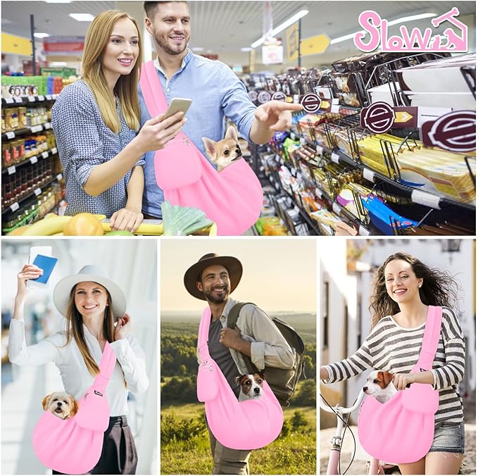 SlowTon Dog Carrier Sling - Thick Padded Shoulder Strap Adjustable Dog Carriers for Small Dogs, Puppy Carrier Purse for Pet Cat with Front Zipper Pocket Safety Belt Machine Washable (PI, S)