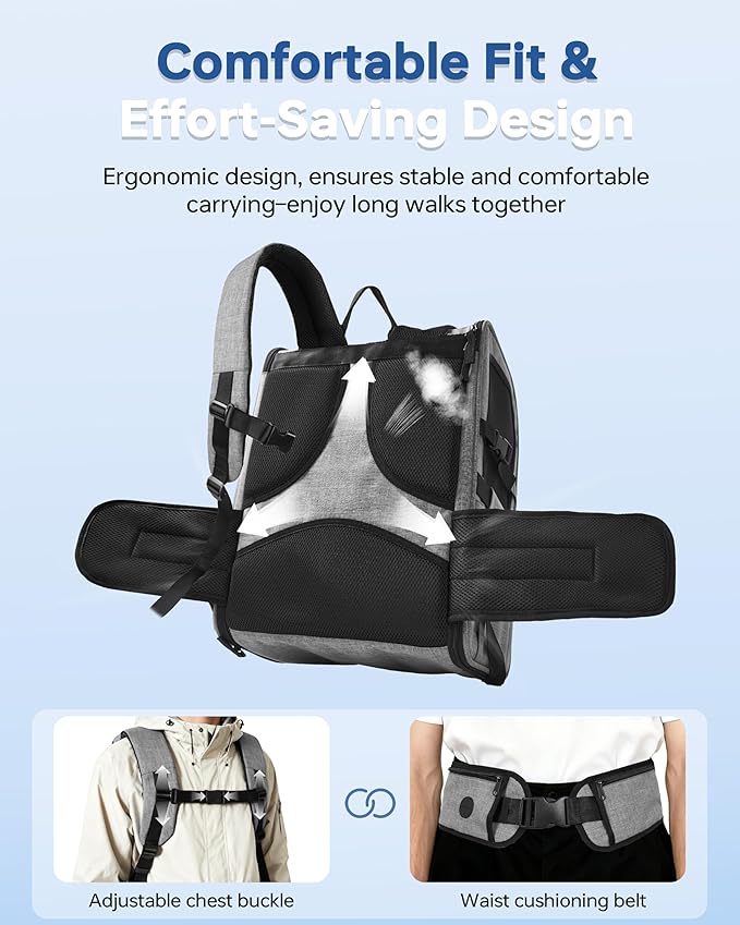 Hiking Dog Carrier Backpack, Adjustable Waist Cushioning Belt with Breathable Padded Back Support, Dog Carrier for Hiking with 5 Pockets, Dog Carrier Backpack for Small Dogs Max 13LB Grey