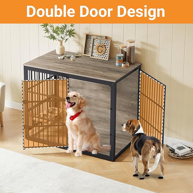 Dog Crate Furniture, 48 Inch Dog Kennel Furniture, Wooden ?�ƒog Crate Furniture Large Breed with Rotating ?˜‹og Bowls, Heavy Duty ?——og Cage Furniture Indoor,Decorative Dogs Crates End Table,Gray
