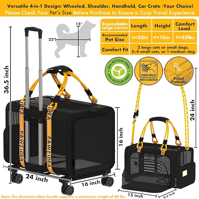 PAWZIDEA Expandable Large Pet Carrier with Wheels, 24x16x16 in Rolling Cat Carrier for 2–4 Cats up 55lb, Soft-Sided Collapsible Small Medium Dog Crate for Car Travel, Telescopic Handle, Storage Pocket