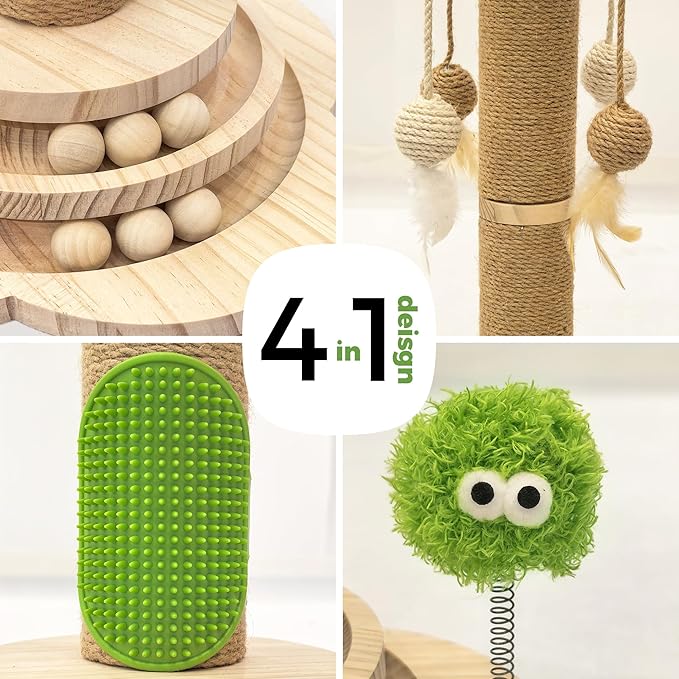 TINYBEAST Wooden Cat Scratching Post, 4 in 1 Cat Scratcher Toy with Cat Ball Tracks, 24.8" Tall Sisal Scratch Post for Indoor Kittens Adult Cats, Interactive Feather Toy and 4 Sisal Hanging Balls