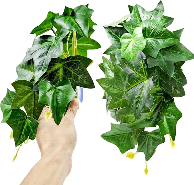 Woyrise Reptile Plants for Terrarium, Artificial Hanging Plants with Suction Cups, Amphibian Tank Habitat Decor Plastic Plant for Bearded Dragons Lizards Snake Geckos Frogs - 2Pack Green Ivy