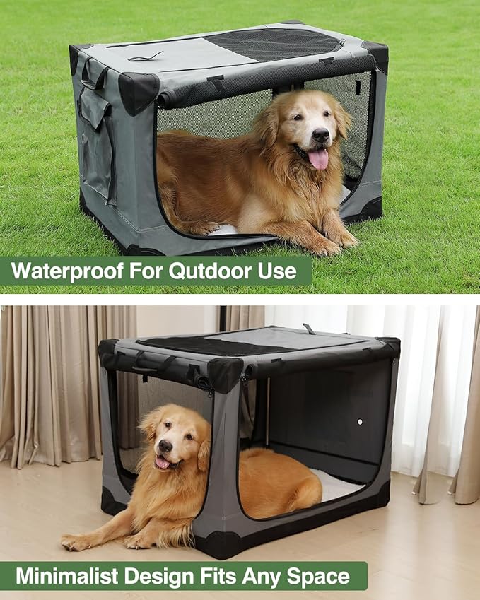 30 Inch Collapsible Travel Dog Crate for Medium Large Dogs, Portable Dog Crate 4-Door Foldable Soft Kennel with Chew-Proof Mesh Windows for Indoor & Outdoor Travel,with Storage Bag,Grey