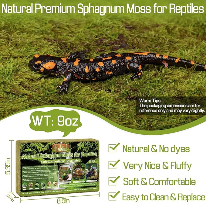 Halatool 9OZ Natural Sphagnum Moss for Reptiles- 14QT Green Moss for Terrarium Plants Long Fiber Reptile Moss for Leopard Gecko Snake Hamsters Tortoises Frogs Lizards Salamanders