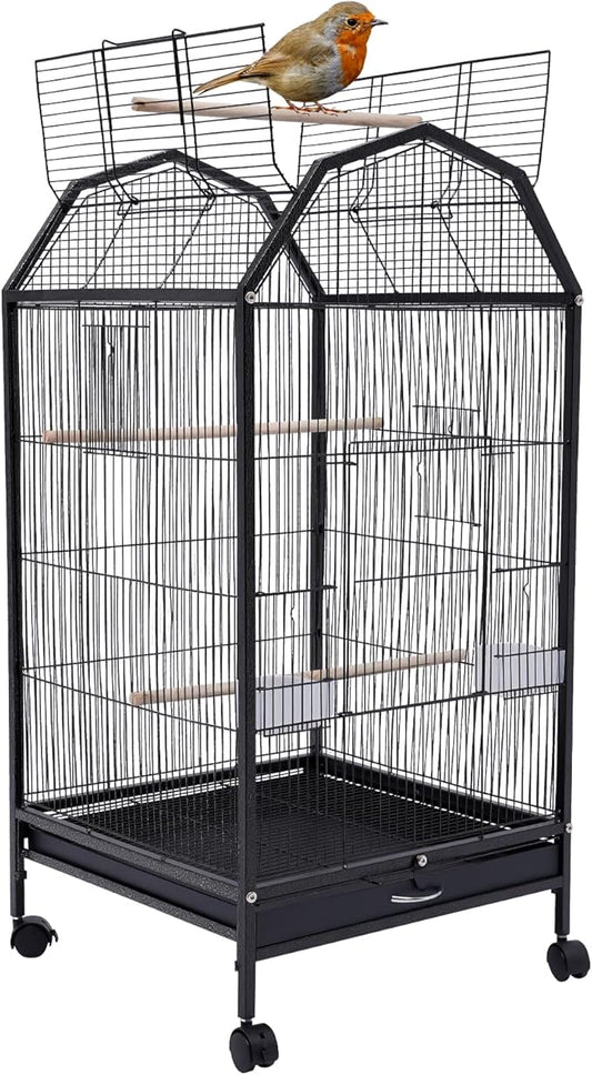 Iron Parakeet Bird Cage with Stand, Pet Bird Container with Skylight, Large Cage for Medium&Small Bird with Wheels and Doors for Cockatiel Sun Conure Senegal Jardine Quaker Budgie (Black)