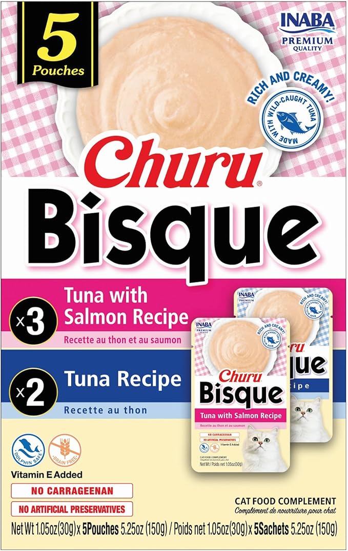 INABA Churu Bisque for Cats, Creamy Lickable Purée Side Dish with Vitamin E, 1 Ounce per Pouch, 5 Pouches, Tuna Variety Pack
