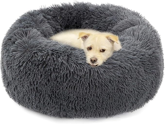 Dog Bed Large, Soft Round Cuddler Dog Beds Fluffy Plush Faux Fur Pet Beds, Anit-Anxiety Self-Warming Comfy (28", Dark Grey)