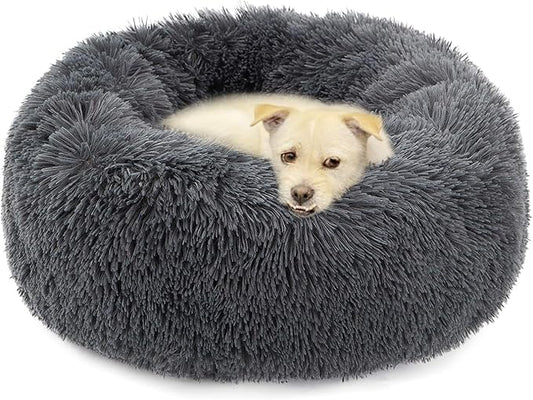 Dog Bed Large, Soft Round Cuddler Dog Beds Fluffy Plush Faux Fur Pet Beds, Anit-Anxiety Self-Warming Comfy (28", Dark Grey)