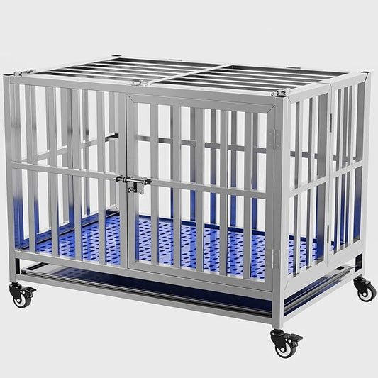 Collapsible Stainless Steel Dog Crate, 30" 37" 42" 48" Sizes, Lockable Wheel, with Tray, Stackable, Heavy Duty, Divider, Indoor and Outdoor （30in Size is Suitable for Small Pets only）