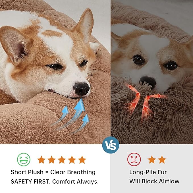 OhGeni 31 inches Calming Donut Orthopedic Dog & Cat Bed for Medium Pets, Warming Comfort Fluffy Short Pile Fur, Durable Waterproof Machine Washable Removable Cover, Cute Round Bed for Puppy, Camel