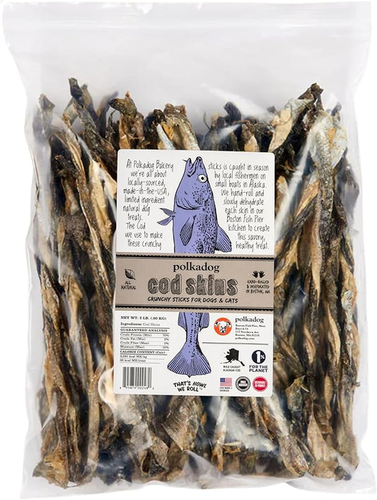 Polkadog Cod Skins for Dogs (2lb Regular) - Single Ingredient, Wild-Caught Fish Skin Dog Treats for All Breeds – High in Lean Protein & Omega-3. Hypoallergenic, Grain Free. Handcrafted & Made in USA