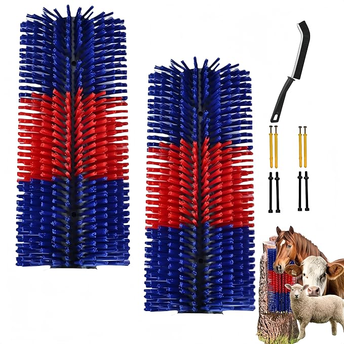 2PCS Livestock Scratching Brush,Goat Scratcher Brush Post with Cleaning Tool, Grooming and Massage Brushes for Horse Sheep Cow scratchers, Animals Back Scratching Itch