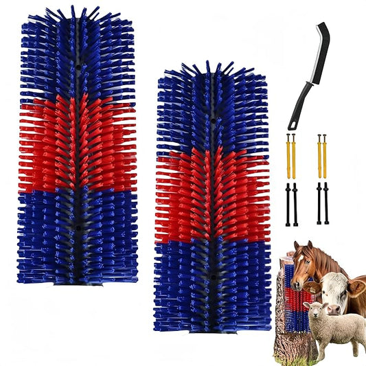 2PCS Livestock Scratching Brush,Goat Scratcher Brush Post with Cleaning Tool, Grooming and Massage Brushes for Horse Sheep Cow scratchers, Animals Back Scratching Itch