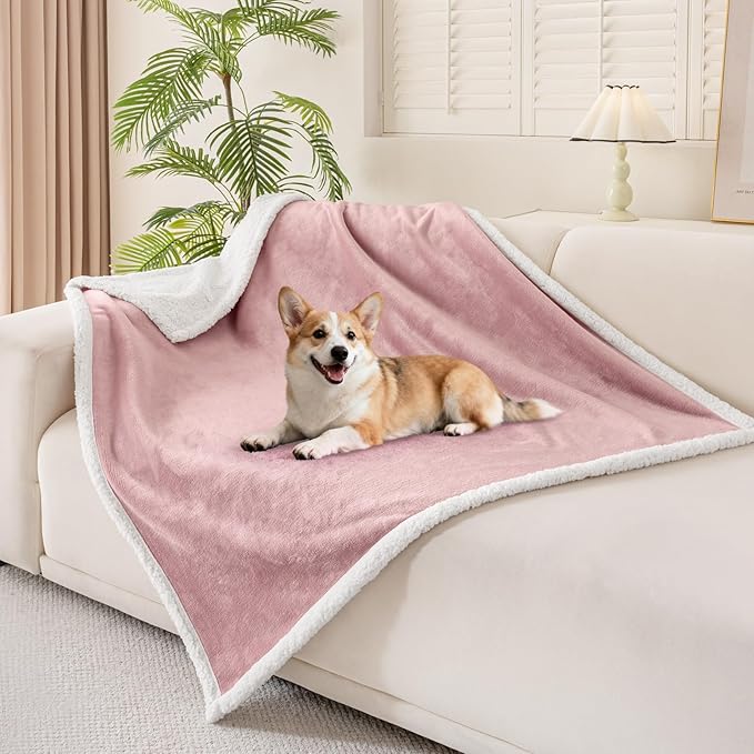 Smiry Waterproof Blanket Throw for Large Dogs, Soft Reversible Dog Blanket for Sofa Couch Bed, Washable Leakproof Sherpa Fleece Furniture Couch Protector(50"x60", Pink/White)